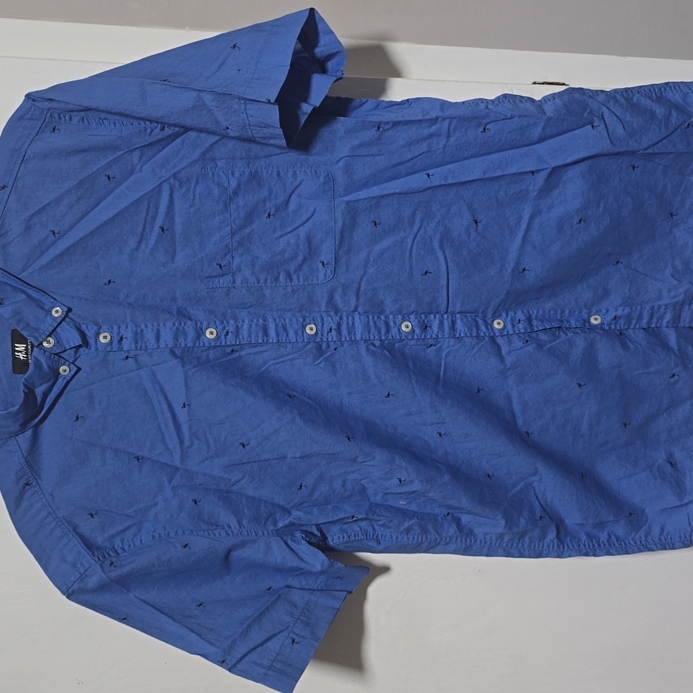 Mens Blue H & M Short Sleeve Button Down Flamingo Print Size M